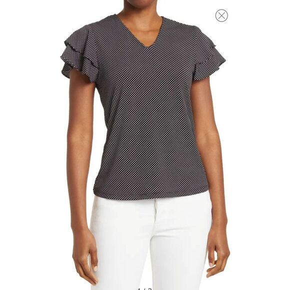 Adrianna Papell polka dot crew neck double flutter top sz S - Picture 9 of 10